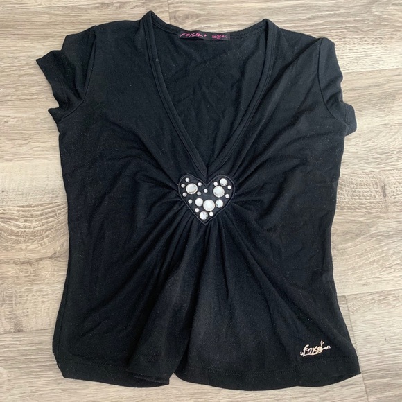 Vintage Foxy Jeans Heart Glam V Neck Cropped Baby Tee - Picture 1 of 4